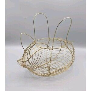Vintage Pig Shaped Egg Basket Made of Gold Tone Metal Wire Farm House Decor